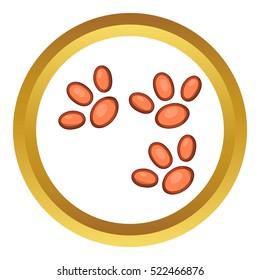 Animal paws vector icon in golden circle, cartoon style isolated on white background