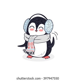 Animal penguin design flat. Bird penguin vector, cartoon polar animal winter isolated, penguin in scarf, wild penguin character in headphones illustration