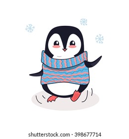 Animal penguin design flat. Bird penguin vector, cartoon polar animal winter isolated, penguin in scarf, wild penguin character illustration