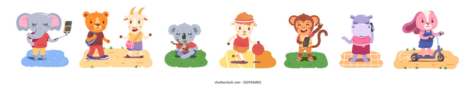 Animal person children characters summer activity set. Funny kids walking, playing basketball, listening music, phone talking, riding scooter, meditating. Youth culture concept flat vector collection