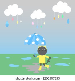 animal pet black cat in the rainy season weather element with cloud and sky, yellow rain coat and blue umbrella,background,flat vector illustration cartoon character costume design
