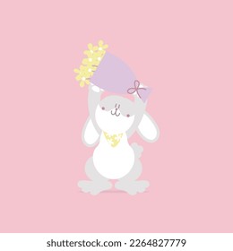 animal pet bunny rabbit and flower, valentine’s day, happy easter, flat vector illustration cartoon character