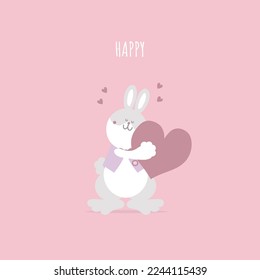 animal pet bunny rabbit and heart, valentine’s day, happy easter, flat vector illustration cartoon character