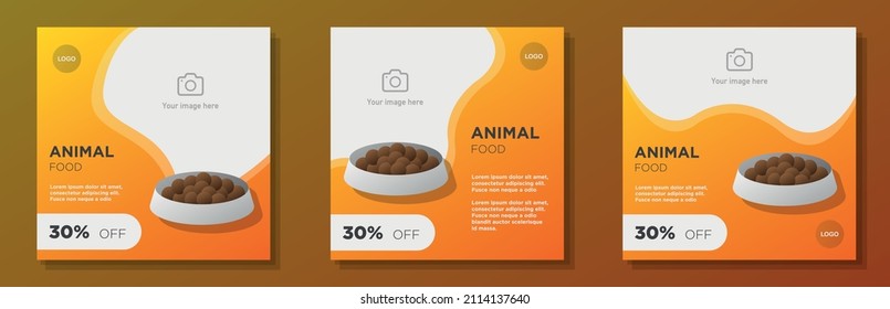 Animal pet food social media post, banner set, fauna nutrition advertisement concept, pet care service marketing square ad, abstract print, isolated.