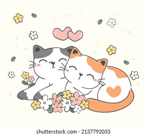 tarjeta de saludo de mascota animal, dos pareja amante lindo y feliz gato gatito sentado en el jardín de flores juntos dibujos animados dibujo del doodle vector, primavera de bienvenida