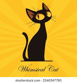 animal pet greeting card, Whimsical Cat Silhouette Clipart, Black and orange Cat Sitting Vector