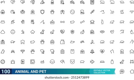 Ícone animal e animal de estimação, pixel perfeito, traçado editável, conjunto de ícones de vetor de linha quadrada escalonável, ícones da Web de animais de estimação no estilo de linha, ícones de traçado editável.