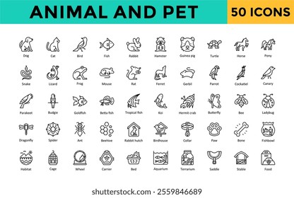 Animal and Pet icon set with dog, cat, bird, fish, rabbit, hamster, guinea pig, turtle, horse, pony, snake, lizard, frog, mouse icon. Simple line vector 
