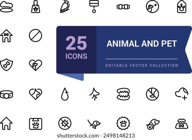 Animal and pet icon set. Pets web icons in minimal line style. Liner icon collection. Related to Dog, cat, rabbit, hamster, bird, bone, pets, vet help. Editable Vector illustration.