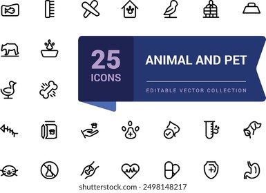 Animal and pet icon set. Pets web icons in minimal line style. Liner icon collection. Related to Dog, cat, rabbit, hamster, bird, bone, pets, vet help. Editable Vector illustration.