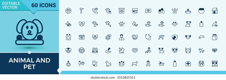 Animal And Pet icons. Includes thin line vet, animals, pet, pet shop, animal, veterinary and more. Thin linear style icons. Outline and solid pictogram.