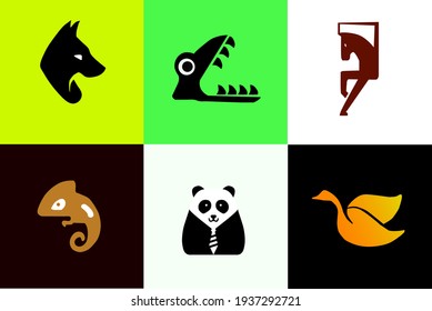  animal and pet logo collection, vector illustration wolf, crocodile, horse, gecko, panda, duck