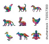 ANIMAL PET LOW POLY LOGO ICON SYMBOL SET. TRIANGLE GEOMETRIC TURTLE, CAT, DOG, MONKEY, SQUIRREL, CHICKEN, DUCK, HORSE AND RABBIT POLYGON