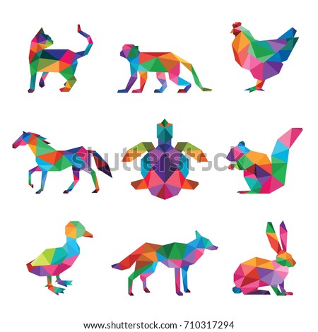 ANIMAL PET LOW POLY LOGO ICON SYMBOL SET. TRIANGLE GEOMETRIC TURTLE, CAT, DOG, MONKEY, SQUIRREL, CHICKEN, DUCK, HORSE AND RABBIT POLYGON