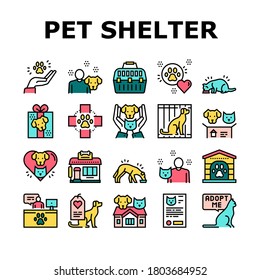 Animal Pet Shelter Collection Icons Set Vector. Pet Shelter Building And Worker, Eating Cat And Dog, Puppy Present And Medical Document Color Contour Illustrations