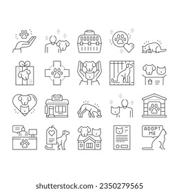 Animal Pet Shelter Collection Icons Set Vector. Pet Shelter Building And Worker, Eating Cat And Dog, Puppy Present And Medical Document Black Contour Illustrations