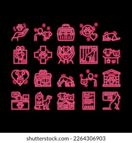 Animal Pet Shelter neon light sign vector. Pet Shelter Building And Worker, Eating Cat And Dog, Puppy Present And Medical Document Illustrations