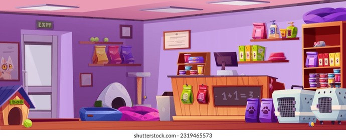 Animal pet toy store interior cartoon background. Supermarket indoor with cat or dog care accessory to buy. Domestic canine cage, feed bag, bowl and sleep pillow element in market illustration