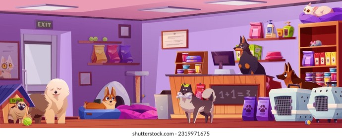 Animal pet toy store interior cartoon background. Supermarket indoor with cat or dog care accessory to buy. Domestic canine cage, feed bag, bowl and sleep pillow element in market illustration