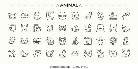 Animal And Pet vector icon set. Simple line vector icons. Animal modern icon set. Includes symbols for kitten, vet, pet, animal, cat, animal care and more.