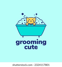 animal pets cat bathtub grooming mascot colorful logo design vector