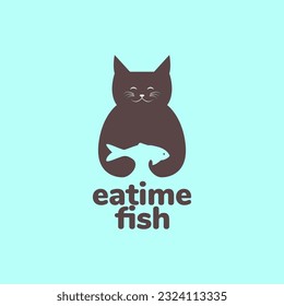 animal pets cat catch fish eat mascot flat simple logo design vector