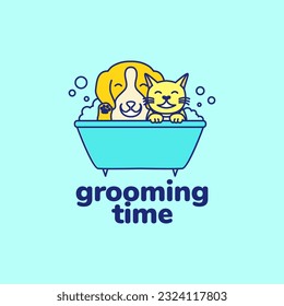 animal pets cat dog bathtub grooming clean mascot colorful logo design vector