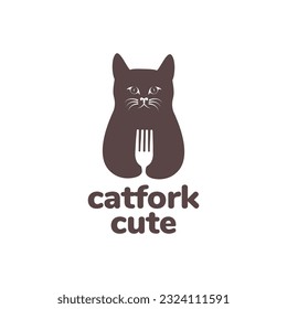 animal pets cat hold fork food mascot flat modern logo design vector