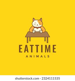 animal pets cat kitten fat eat table mascot cartoon cute logo design vector