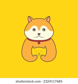 animal pets dog akita inu with cat friend mascot cartoon cute logo design vector