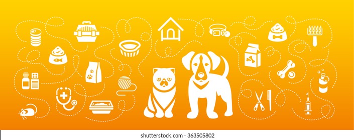 Animal pets grooming and health care vector flat horizontal header banner. Background with silhouettes icons of cat and dog, food, toys and accessories. Pet shop, vet clinic concept