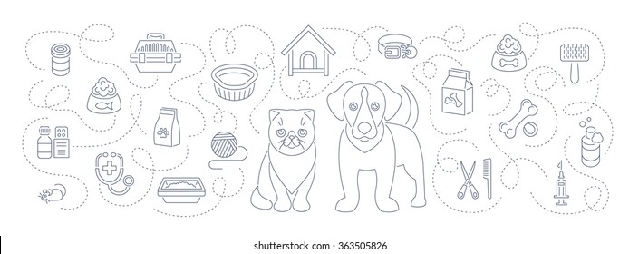 Animal Pets Grooming And Health Care Flat Thin Line Vector Horizontal  Header Banner. Background With Linear Icons Of Cat And Dog, Food, Toys And Accessories. Pet Shop, Vet Clinic Concept