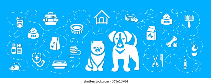 Animal pets grooming and health care vector flat horizontal header banner. Background with silhouettes icons of cat and dog, food, toys and accessories. Pet shop, vet clinic concept with shadows