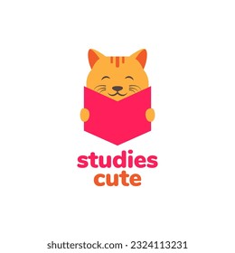 animal pets kitten cat reading book study mascot cartoon logo design vector