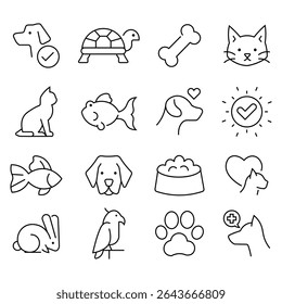 Animal and pets vector icon set. Containing such as dog, cat, rabbit, hamster, bird, fish, guinea pig, turtle and more. Set of outline veterinarian icons. Minimal thin line web icon set.