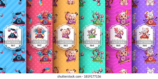 Animal with phone - set seamless pattern. Vector eps 10