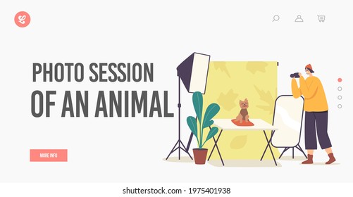 Animal Photo Session Landing Page Template. Photographer Female Character Make Photo of Dog in Professional Studio with Light Equipment. Pets Photography Shoot with Camera. Cartoon Vector Illustration