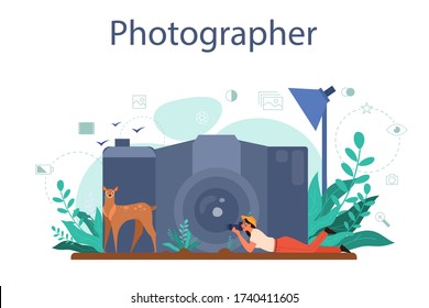 Animal photographer concept. Professional photographer with camera taking pictures of a deer. Artistic occupation and photography courses. Isolated flat vector illustration