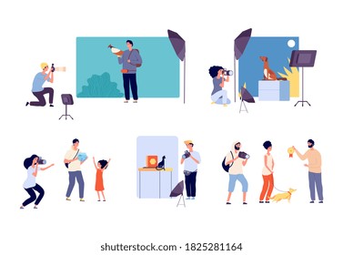 Animal photographers. Photo studio, professionals with cameras. Isolated bloggers, ads shooting or pets award vector illustration