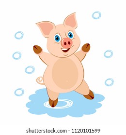 animal pig children standing in a puddle and is happy vector