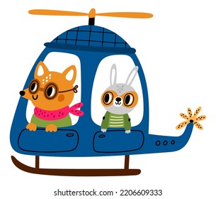 Animal pilot. Cute cartoon character in aircraft. Fox and rabbit flying in helicopter. Mammal piloting chopper with hare passenger. Sky transportation. Creatures travel