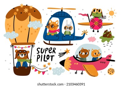 Animal pilots. Cartoon characters in aircrafts. Funny air transport with aviators. Bear flying on balloon. Fox and hare travel by helicopter. Frog driving plane. Vector