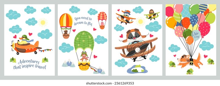 Animal pilots posters set. Cute funny dogs and foxes in helmets fly or travel on planes and balloons. Colorful wallpaper with airplanes and characters. Cartoon flat vector isolated on white background