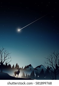 animal in pine forest watching shooting star