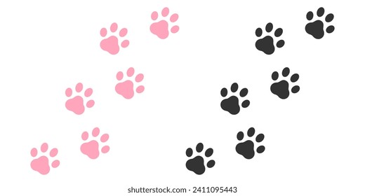 Animal pink paw footprint trail print, Cat, Dog, puppy silhouette animal diagonal tracks, design for prints.