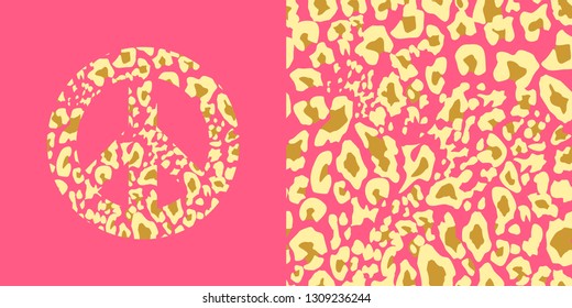 Animal pink wallpaper and hippie peace symbol with leopard gold print. Fashion design for t-shirt, bag, poster, scrapbook