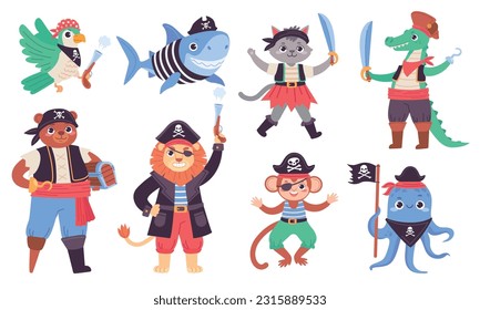 Animal pirate characters. Funny cartoon animals in pirates costumes, childish brave sea captain of sailboat, piratin wildlife baby sailor monkey, ingenious vector illustration of pirate funny animal