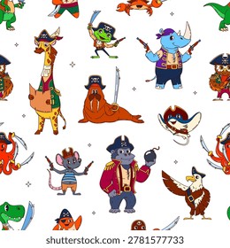 Animal pirate characters seamless pattern with cartoon funny corsairs, vector background. Pirate animals pattern with giraffe captain and frog in tricorne hat, crab sailor with sword and mouse skipper