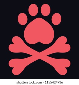 Animal pirate flag with paw in form of heart and cross bones. Pink funny dog logo.Vet doodle vector illustration with the dark blue background. 