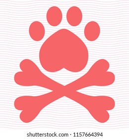 Animal pirate flag with paw in form of heart and cross bones. Pink funny dog logo.Vet doodle vector illustration with simple wave background. 